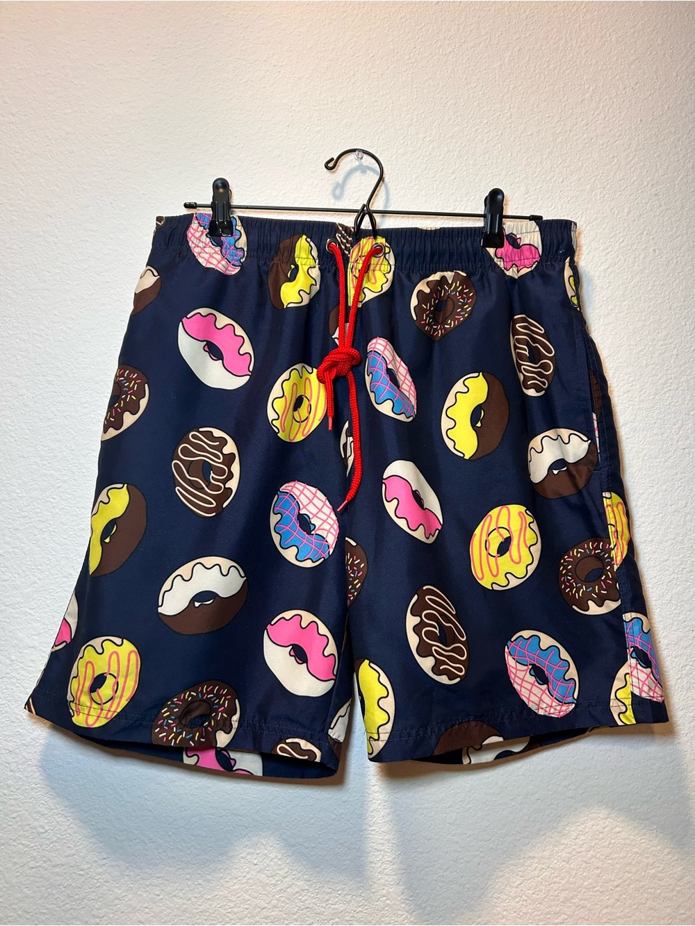 Men's Navy Donut Print Swim Trunks with Red Drawstring